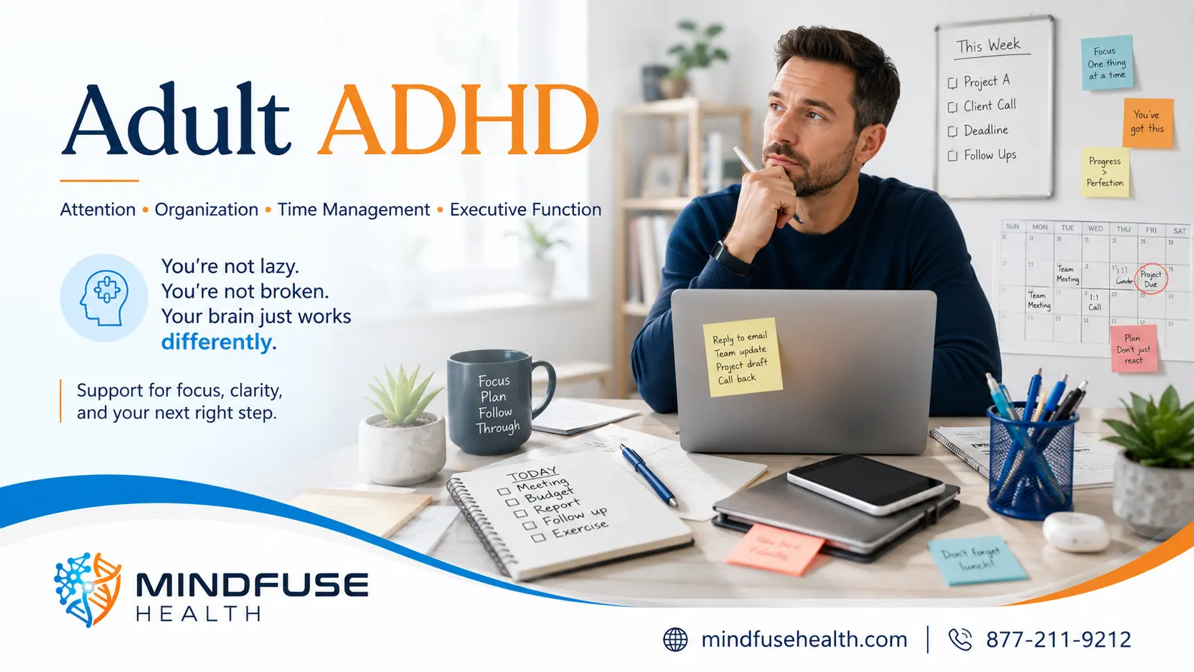 Adult managing work tasks and reminders while experiencing attention and executive-function challenges