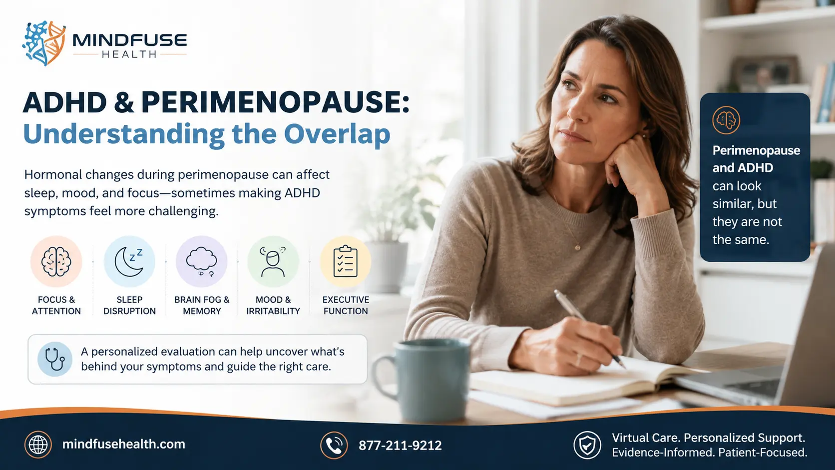 Woman experiencing overlapping ADHD and perimenopause concerns involving focus, sleep, mood, and executive function