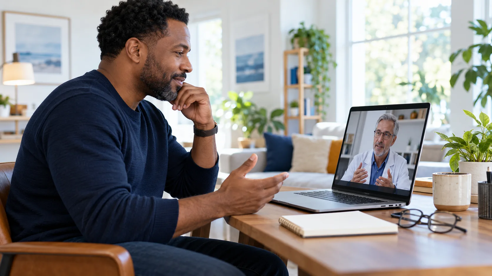 Adult discussing symptoms and history with a clinician during a virtual visit