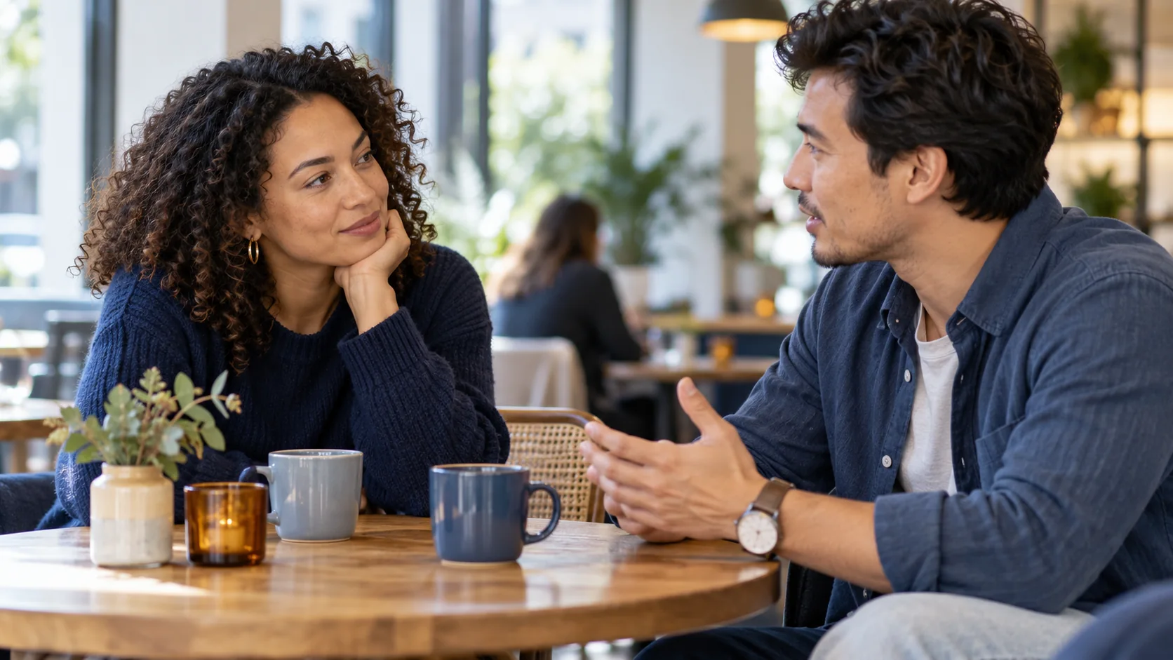Two adults in a conversation with one person listening as the other speaks