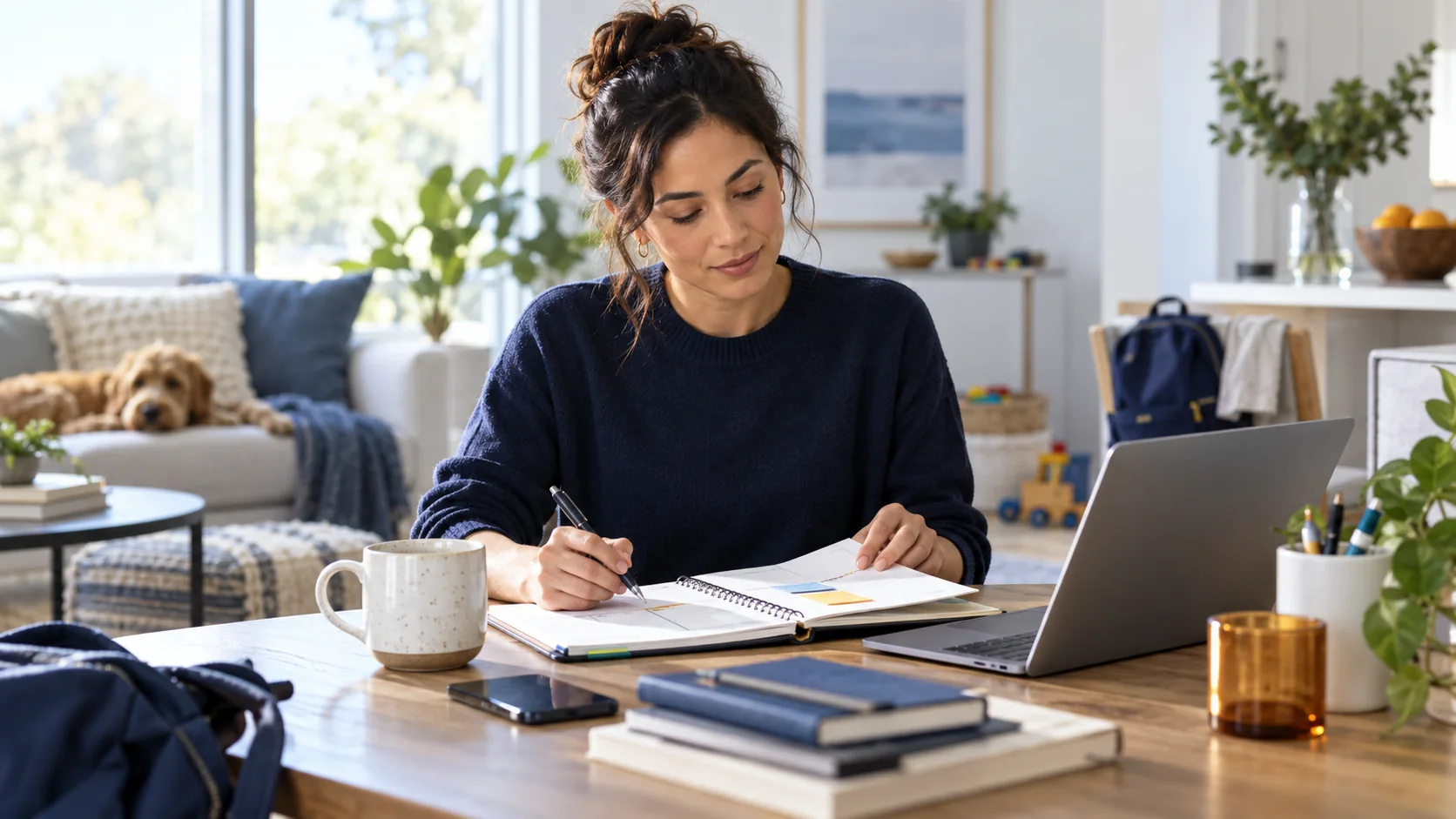 Adult at home organizing a notebook and daily responsibilities beside a laptop